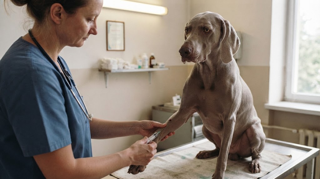 Veterinár odoberá psovi krv na laboratórne vyšetrenie